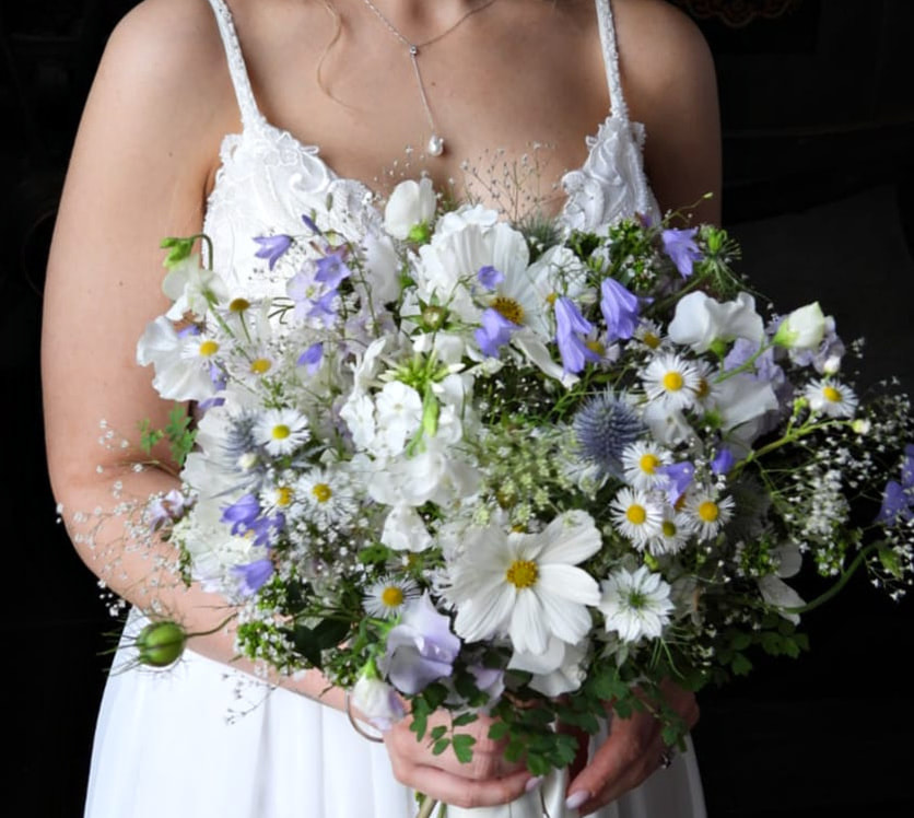 Summer bouquet of delicate white & blue seasonal, locally grown flowers for a wedding at Gretna Green, Scotland. flowers by Rosie Gray, www.GallowayFlowers.co.uk Photo credit Rene Welch