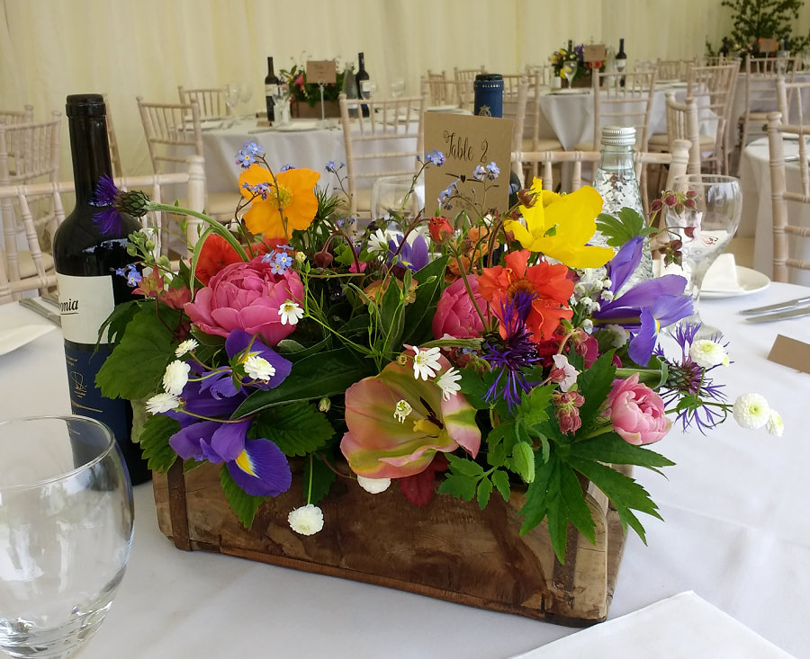 Wooden box of Spring flowers as table centrepoece. Copyright www.GallowayFlowers.co.uk