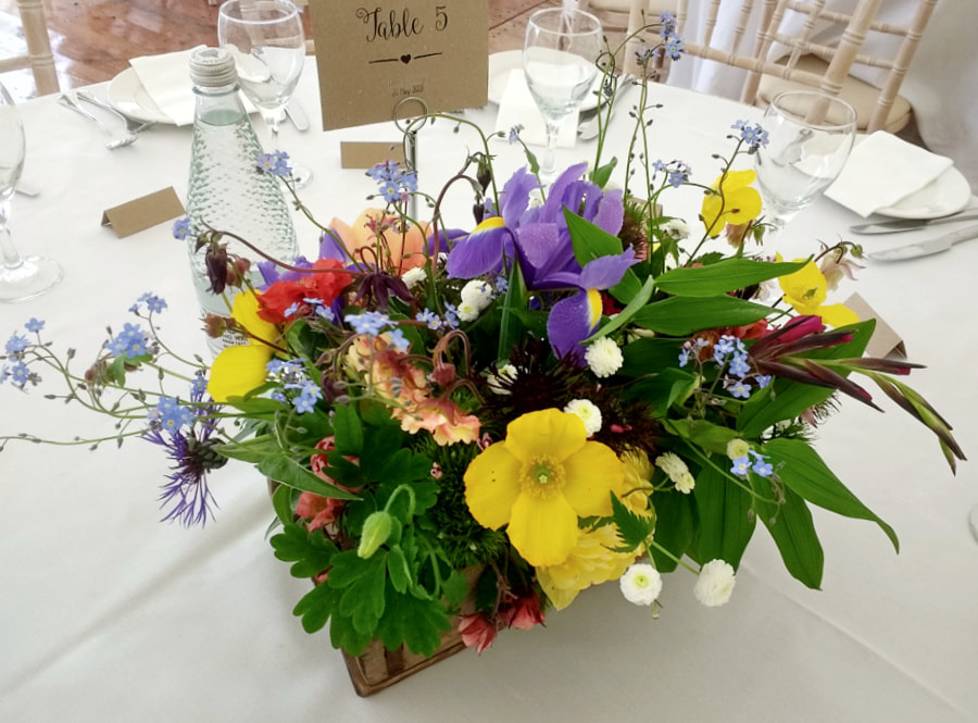 Cottage Garden flowers for colourful wedding table centrepiece. Copyright www.GallowayFlowers.co.uk