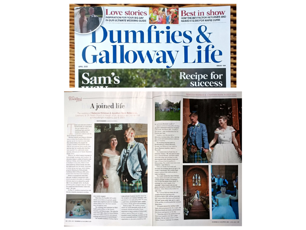 Summer wedding at Haugh of Urr Church, featuring locally grown, seasonal flowers in 'Dumfries & Galloway Life' Magazine