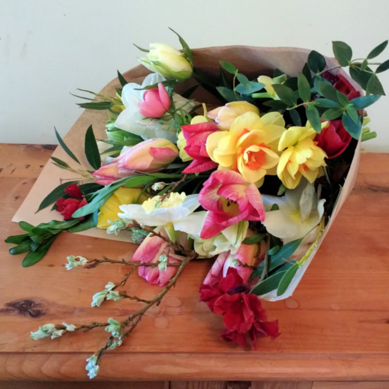 Colourful Easter bouquet grown & arranged by Rosie Gray of Galloway Flowers