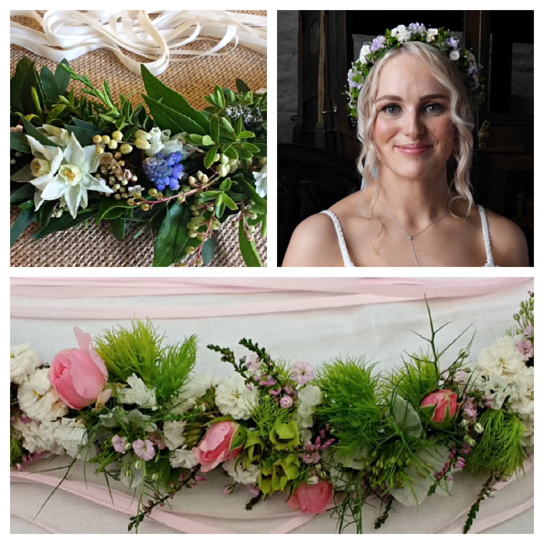 Collage of 3 photographs showing delicate flower circlets for Brides  made from fresh, locally grown flowers by Rosie Gray. Copyright www.GallowayFlowers.co.uk