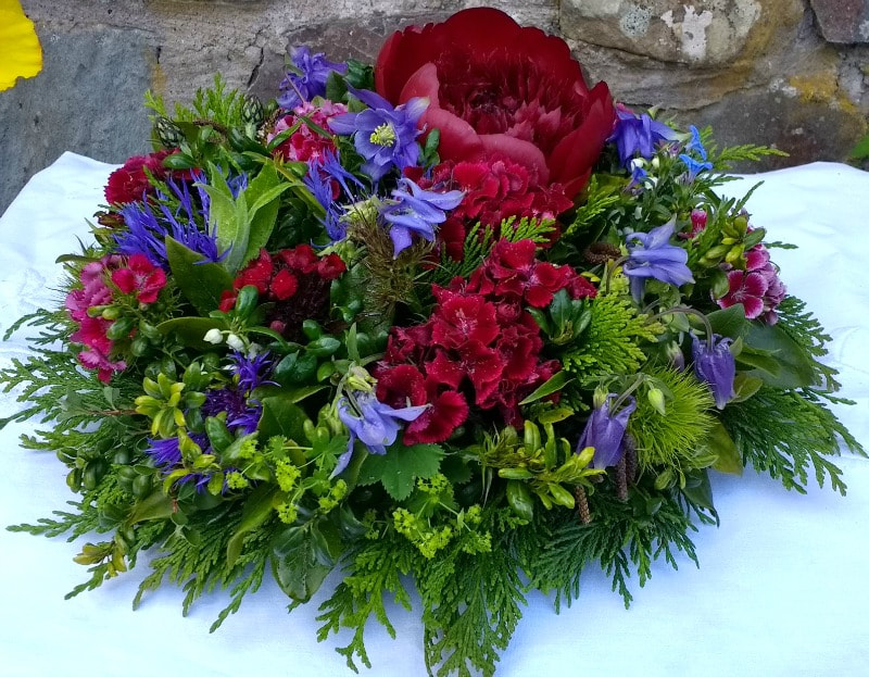 Natural Funeral Arrangement of Garden Flowers & Foliage copyright www.GallowayFlowers.co.uk