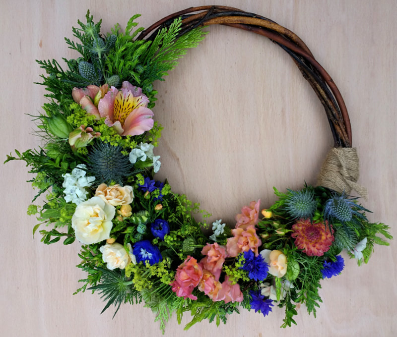 natural funeral wreath, willow hoop wreath with summer flowers, copyright www.GallowayFlowers.co.uk