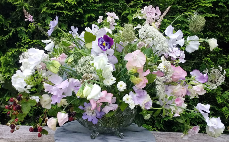 Summer flowers in vintage glass bowl for Country wedding. Copyright www.GallowayFlowers.co.uk