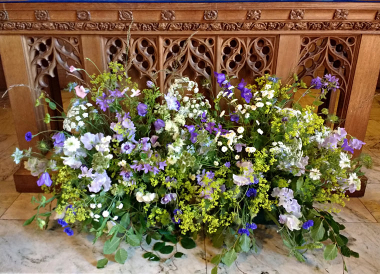 Meadow box of 'wildflowers' in blue & white for a country church wedding in Summer. Copyright www.GallowayFlowers.co.uk