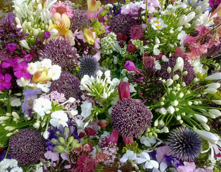 Bunches of locally grown, seasonal flowers ready for delivery at Scottish Flower Farm in July. Copyright www.GallowayFlowers.co.uk