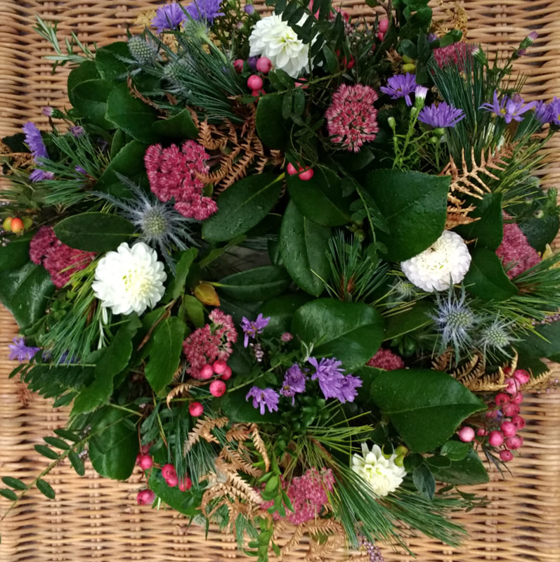 Natural Funeral Wreath with September Berries,foam free funeral wreath copyright www.GallowayFlowers.co.uk
