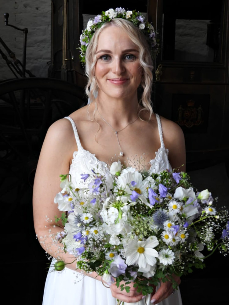 Delicate Bridal Bouquet of white & blue flowers, all grown locally for a wedding at Gretna Green, Scotland. Flowers by Rosie Gray, Galloway Flowers. Photo credit Rene Welch.
