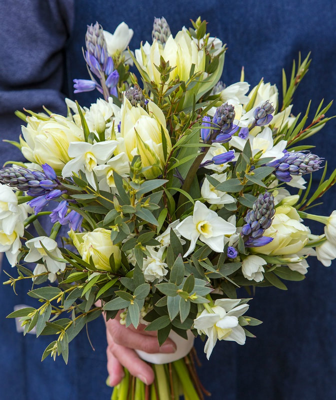Spring bridal bouquet of white tulips, narcissi & blue scilla copyright www.GallowayFlowers.co.uk