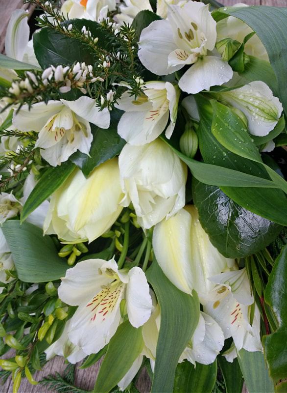 Natural Funeral Spray of White British-grown Spring Flowers copyright www.GallowayFlowers.co.uk