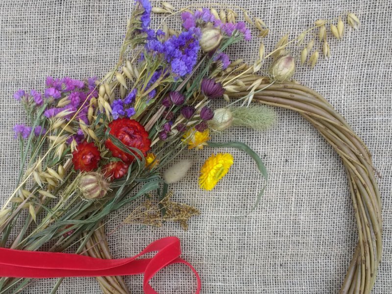 Willow hoop with dried flowers & ribbon ready for a craft workshop. Copyright www.GallowayFlowers.co.uk