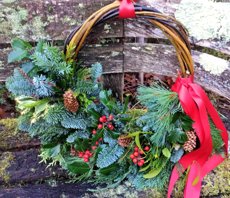 Handmade willow hoop wreath with mixed conifers & berries, red ribbon, florist castle douglas  copyright www.gallowayflowers.co.uk