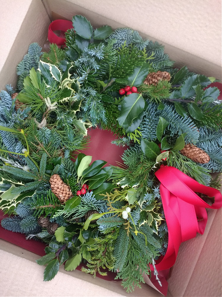 A handmade natural Christmas Wreath ready to be sent by post in the UK. Made by Rosie Gray. Copyright www.GallowayFlowers.co.uk